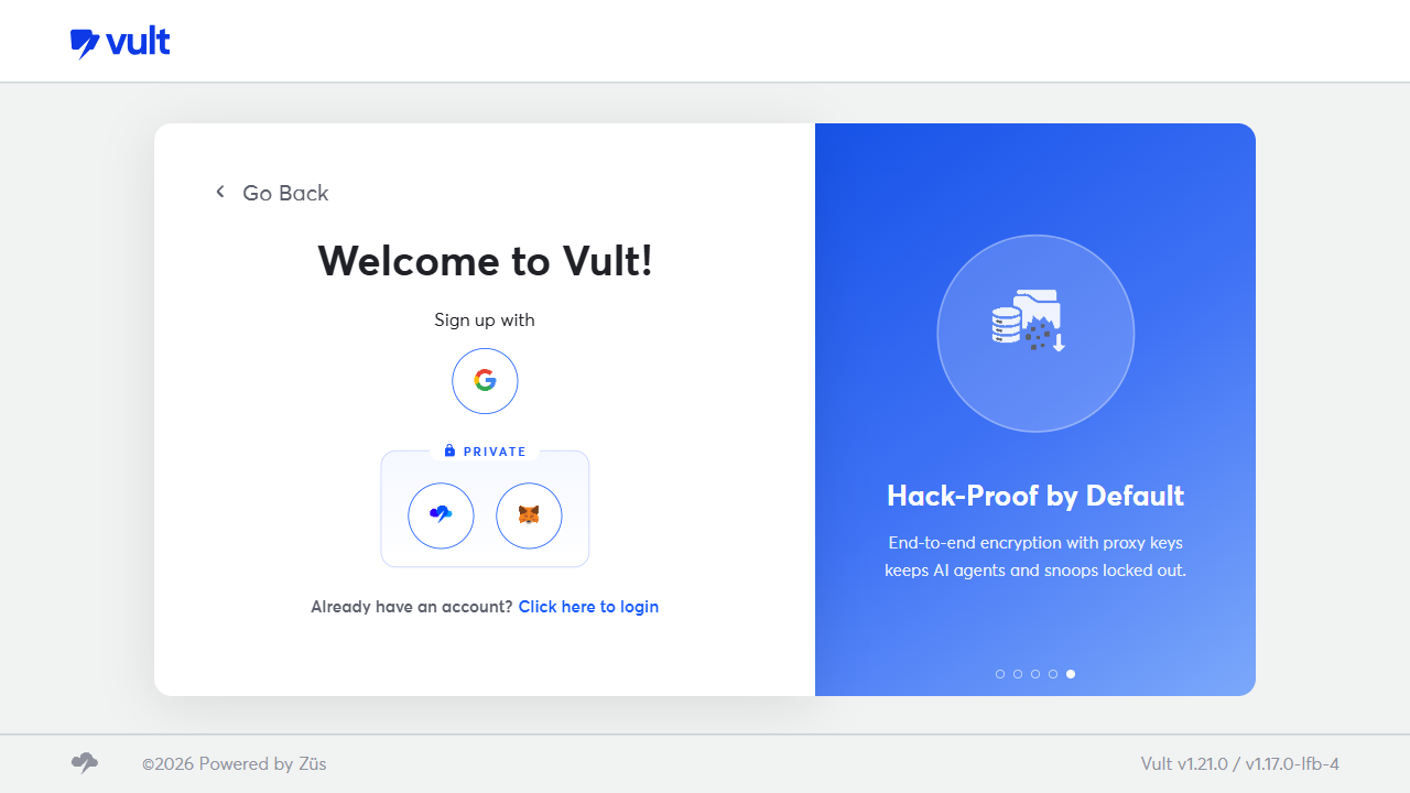 Vult sign-up page: Continue with Google, or Private (Continue with Zus / MetaMask)