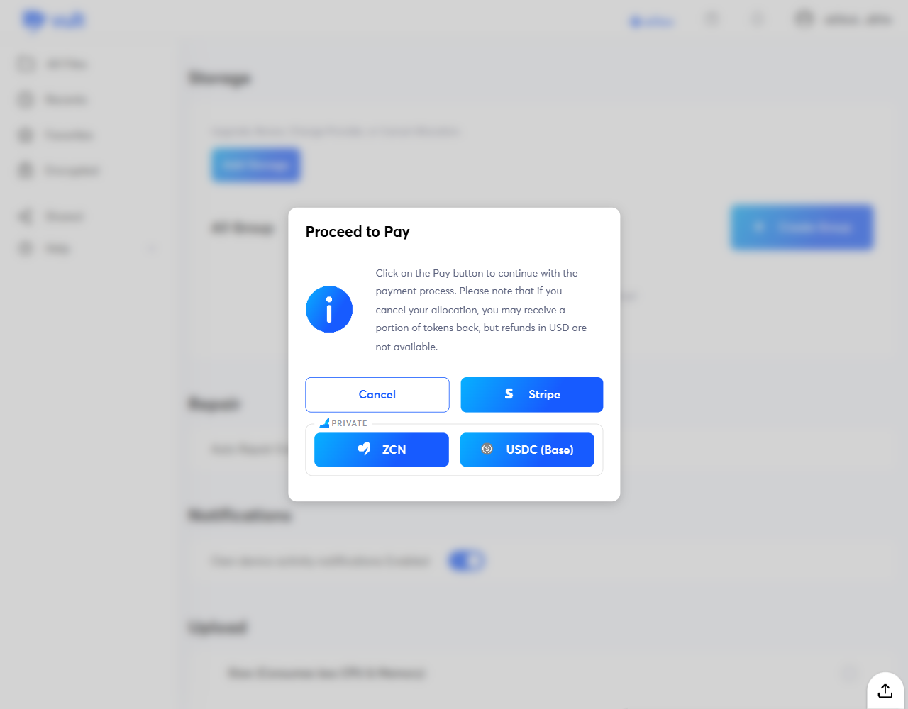Proceed to Pay dialog with Stripe, ZCN, and USDC (Base) options