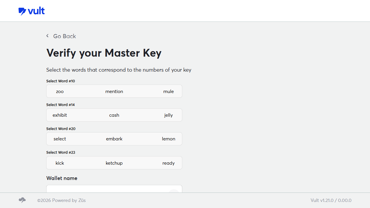 Verify your Master Key screen asking you to select specific words