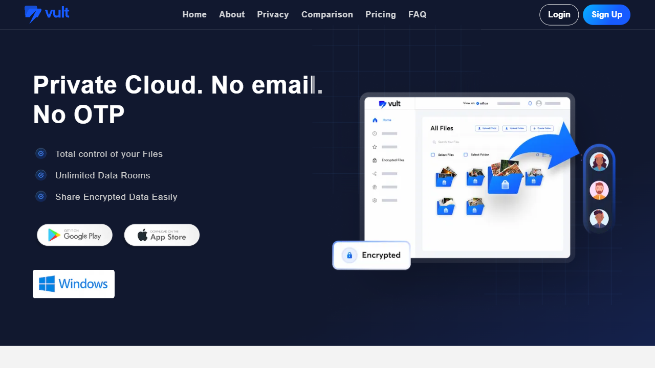 Vult landing page with Login and Sign Up buttons in the top-right corner