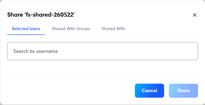 Private Share dialog for an encrypted folder, with Selected Users, Shared With Groups, and Shared With tabs