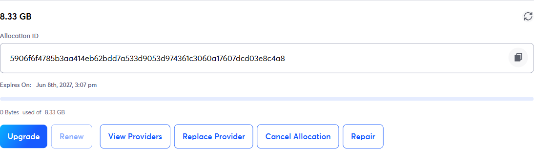 Storage settings allocation card with an Upgrade button