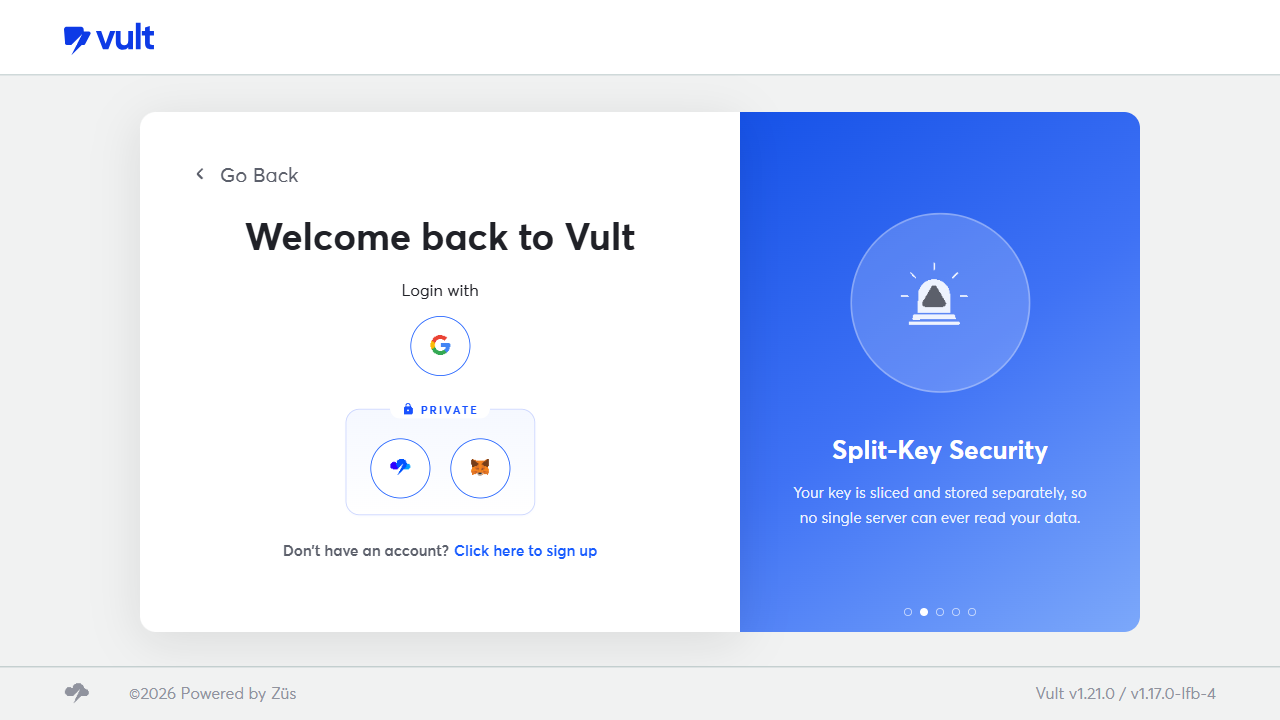 Vult login page: Continue with Google, or Private (Continue with Zus / MetaMask)
